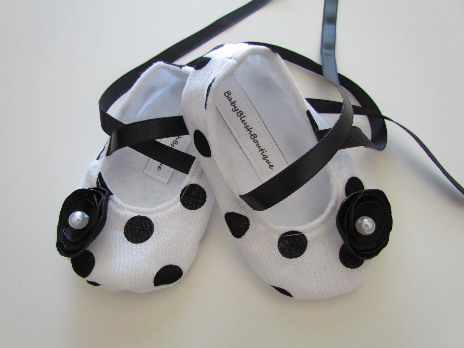 Black White Polka Dot Baby Ballerina Slippers  Classic Newborn Baby Shower Boutique Shoes