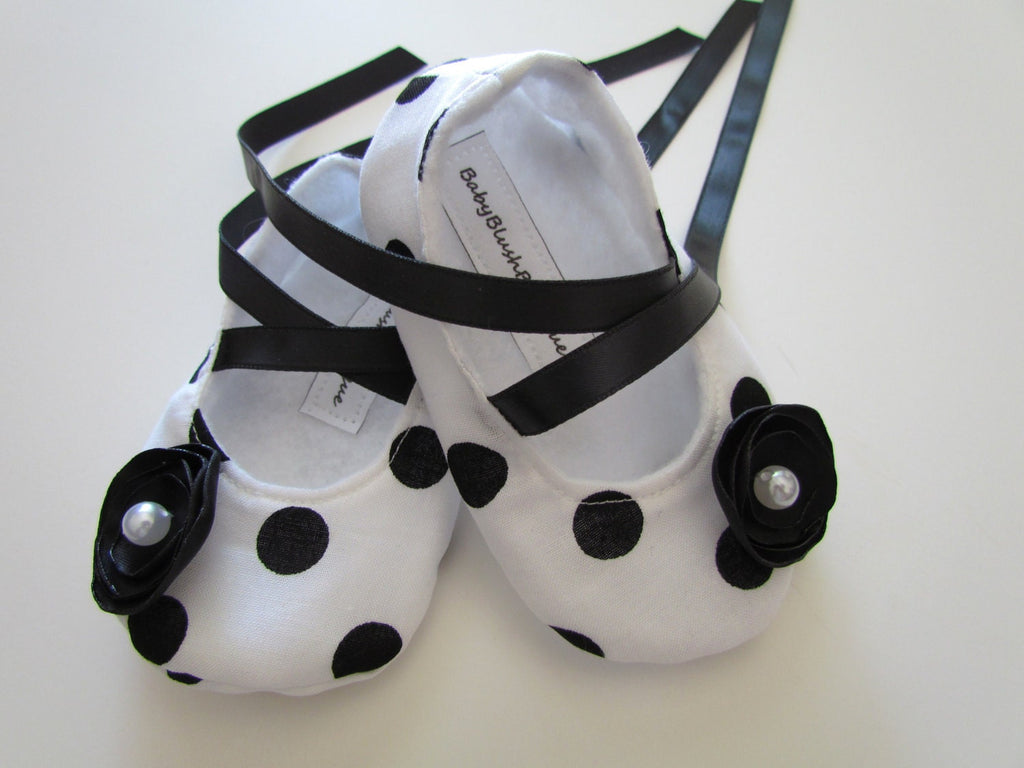 Black White Polka Dot Baby Ballerina Slippers  Classic Newborn Baby Shower Boutique Shoes