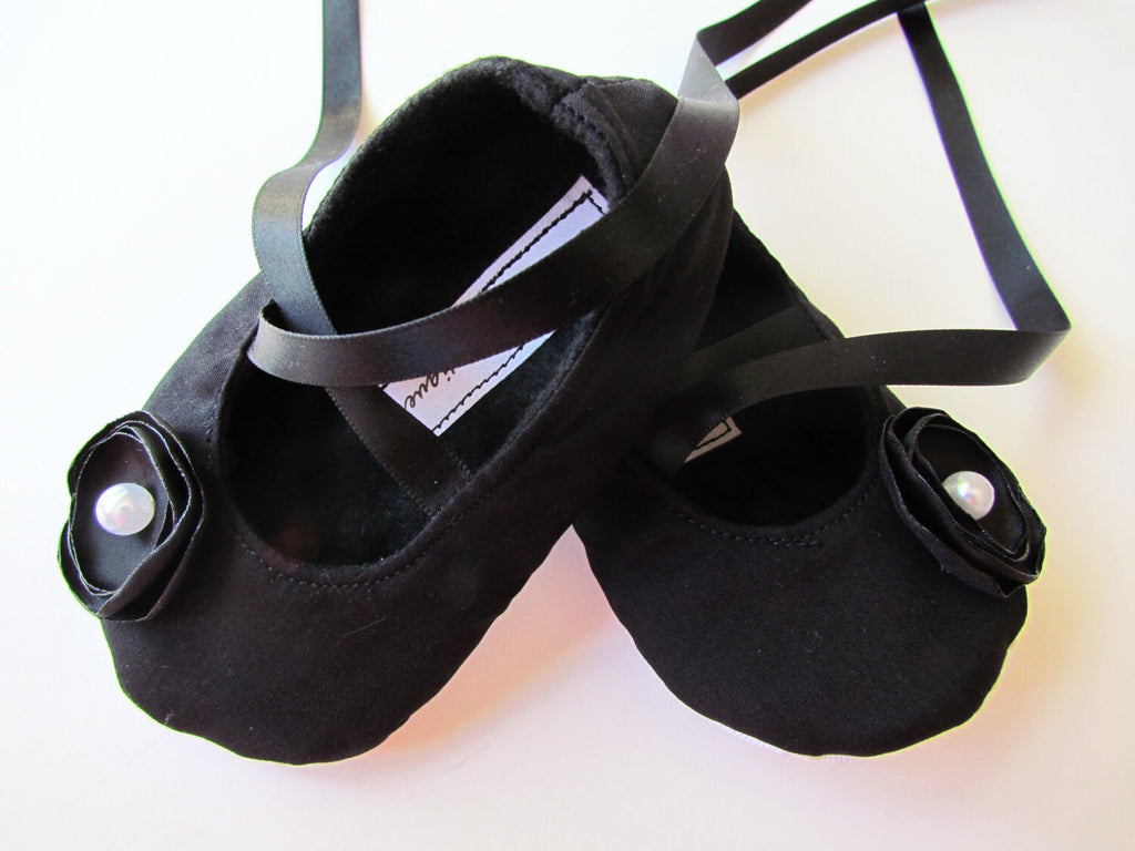 All Black Infant Ballerina Slippers  Soft Baby Dress Shoes, Newborn Photo Prop