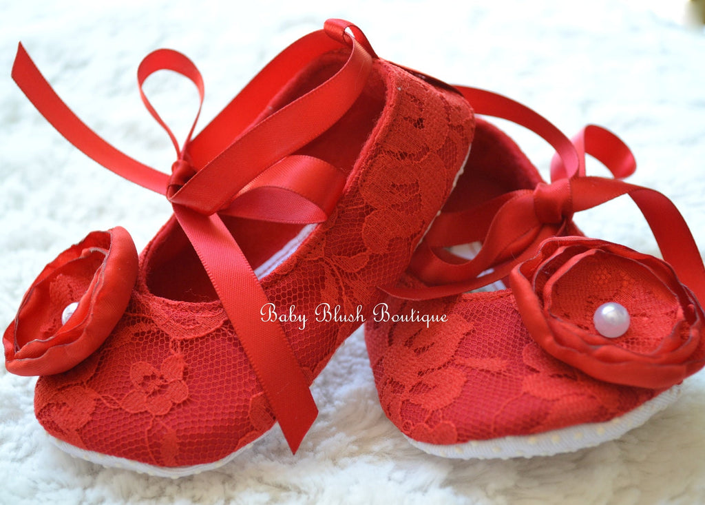 Red Lace Baby Shoes Vintage Infant Ballerina Slippers Baby Girl Dress Shoes Holiday Outfit Baby Shower Gift Boutique Shoes