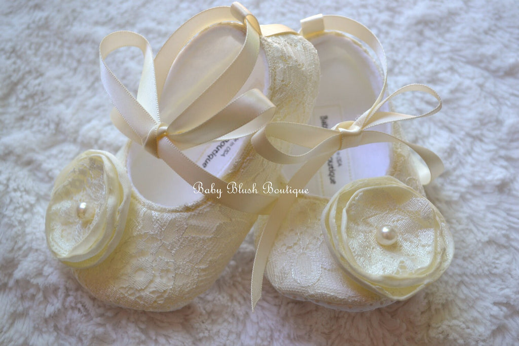 Ivory Lace Baby Shoes: Elegant Christening Ballerina Slippers for Special Occasions