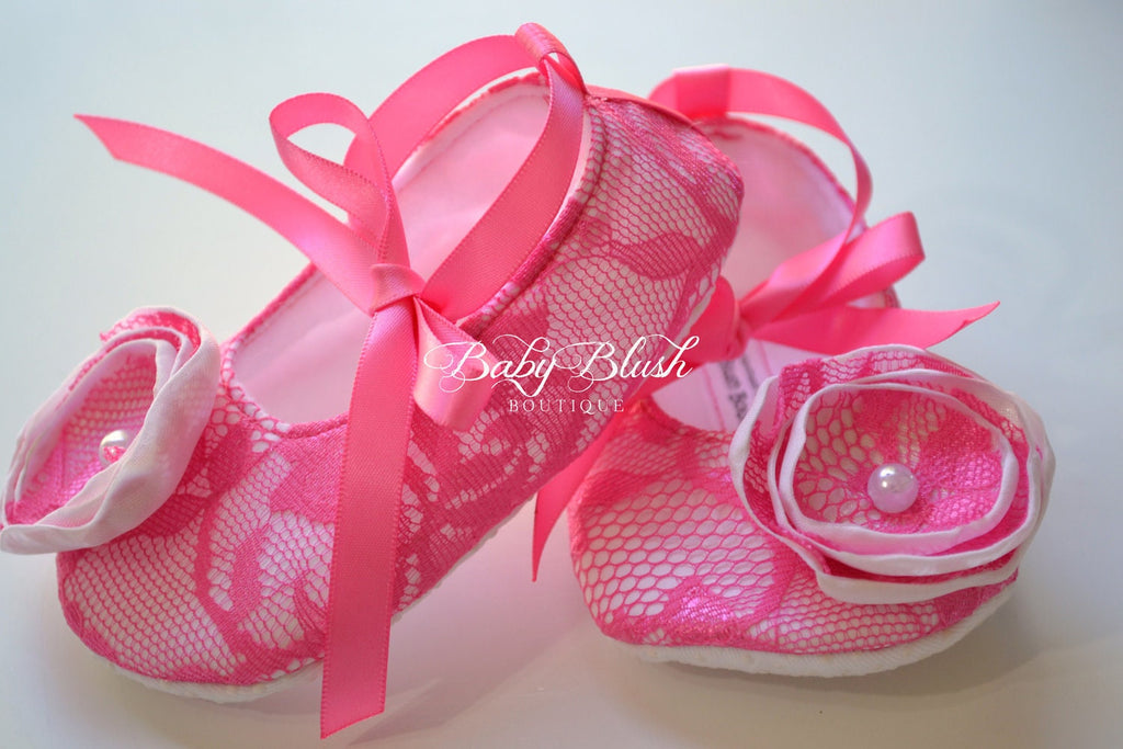 Hot Pink Lace Baby Shoes White Vintage Infant Ballerina Slippers Baby Girl Dress Shoes Birthday Outfit Baby Shower Gift Boutique Shoes