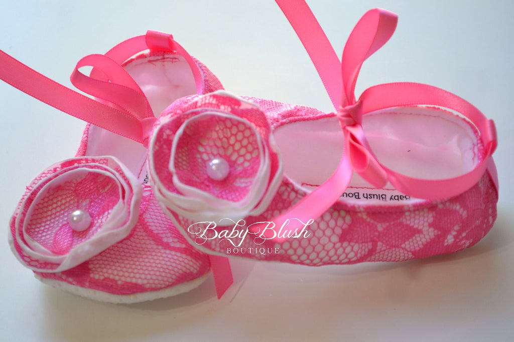 Hot Pink Lace Baby Shoes White Vintage Infant Ballerina Slippers Baby Girl Dress Shoes Birthday Outfit Baby Shower Gift Boutique Shoes