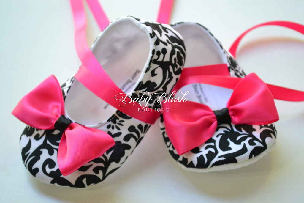 Black White Damask Baby Ballerina Slippers  Elegant Infant Dress Shoes, Photo Outfit