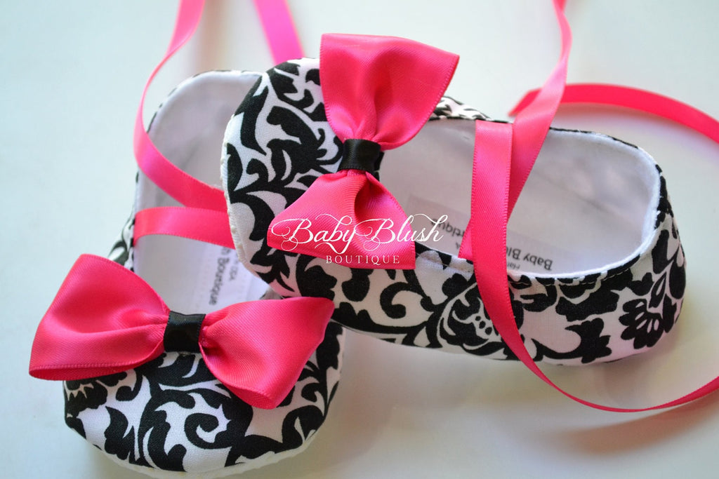 Black White Damask Baby Ballerina Slippers  Elegant Infant Dress Shoes, Photo Outfit