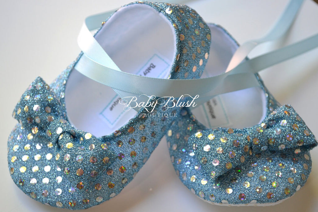 Light Blue Sequin Baby Shoes Infant Ballerina Slippers Sparkle Baby Boy Girl Dress Shoes Newborn Photo Baby Shower Gift Boutique Shoes