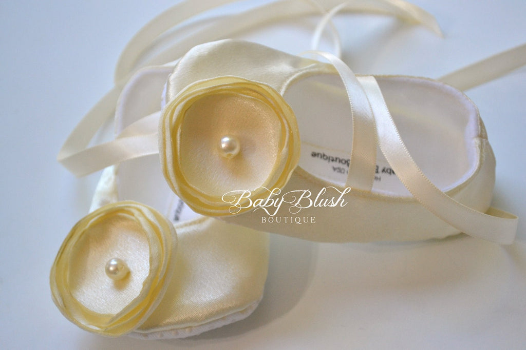 Ivory Satin Baby Shoes Soft Infant Ballerina Slippers Elegant Baby Girl Dress Shoes Christening Outfit Baby Shower Gift Boutique Shoes
