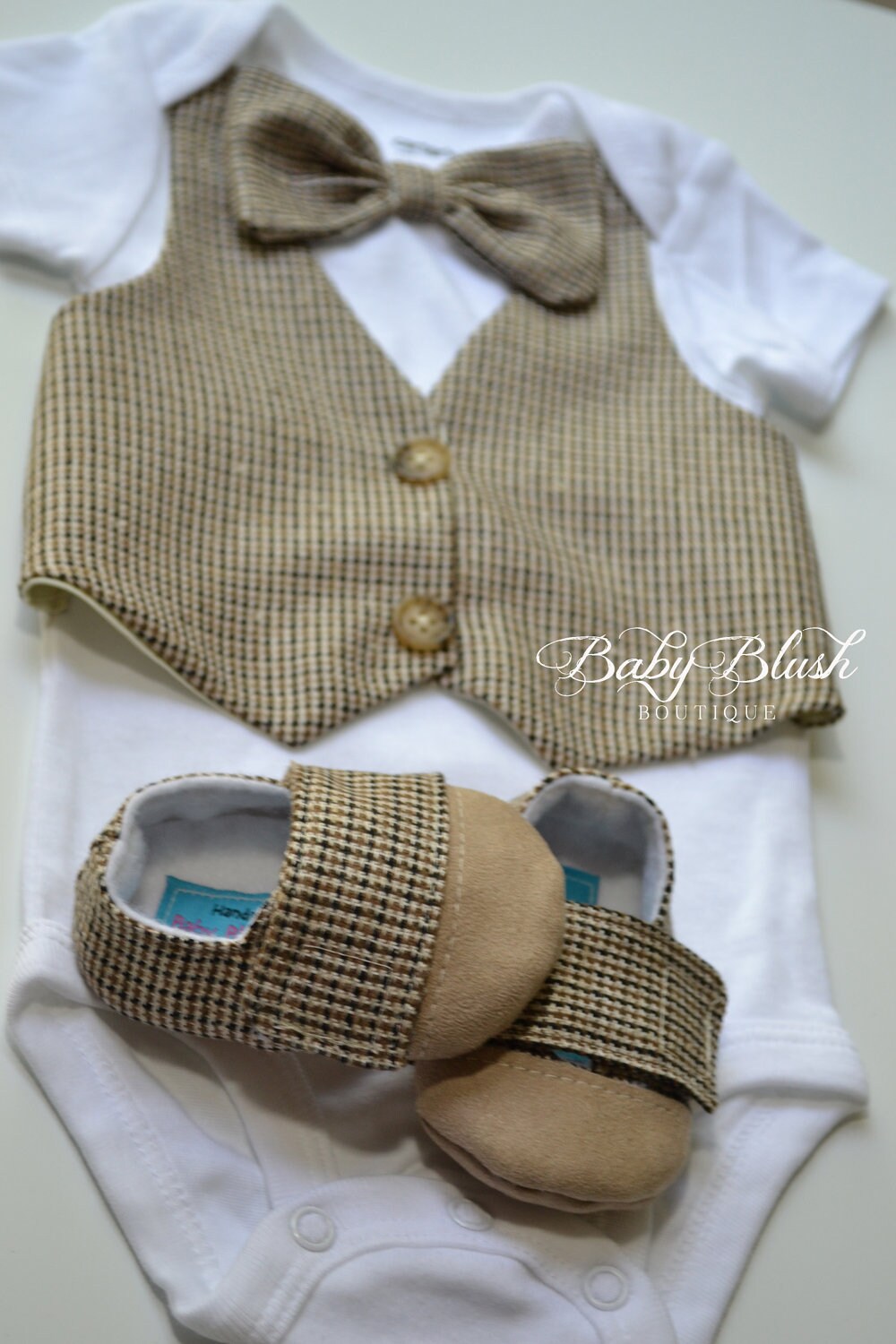 Brown Tan Baby Boy Vest Bow Tie Outfit  Rustic Infant Suit, Photo Clothes
