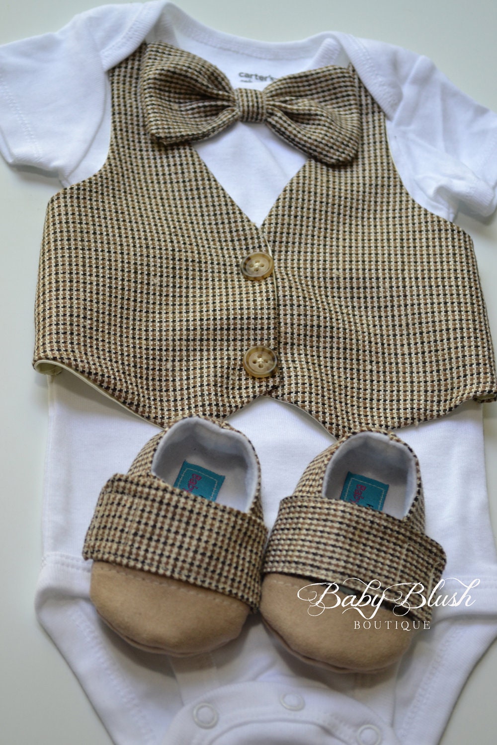 Brown Tan Baby Boy Vest Bow Tie Outfit  Rustic Infant Suit, Photo Clothes