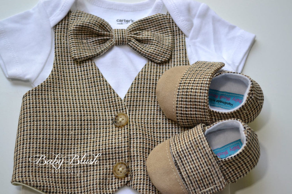 Brown Tan Baby Boy Vest Bow Tie Outfit  Rustic Infant Suit, Photo Clothes