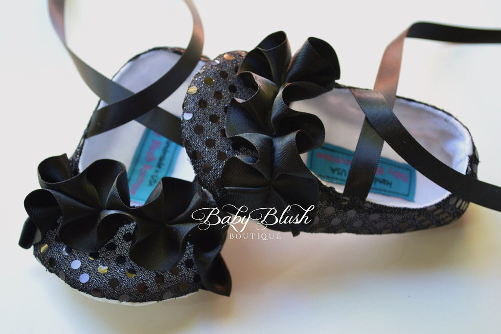Black Sequin Baby Ballerina Slippers  Sparkle Infant Dress Shoes, Holiday Outfit, Photo Prop