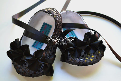 Black Sequin Baby Ballerina Slippers  Sparkle Infant Dress Shoes, Holiday Outfit, Photo Prop