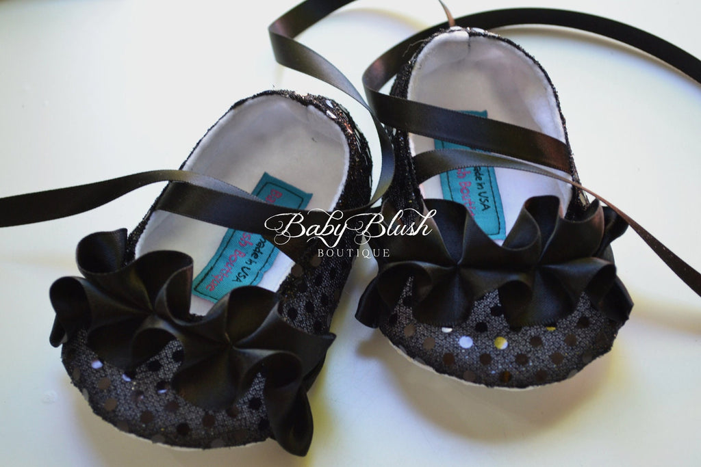 Black Sequin Baby Ballerina Slippers  Sparkle Infant Dress Shoes, Holiday Outfit, Photo Prop