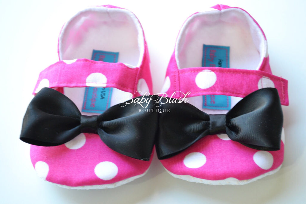 Minnie Inspired Pink Baby Shoes Infant Girl Ballerina Slippers Polka Dot Bow Baby Shoes First Birthday Outfit Baby Shower Gift