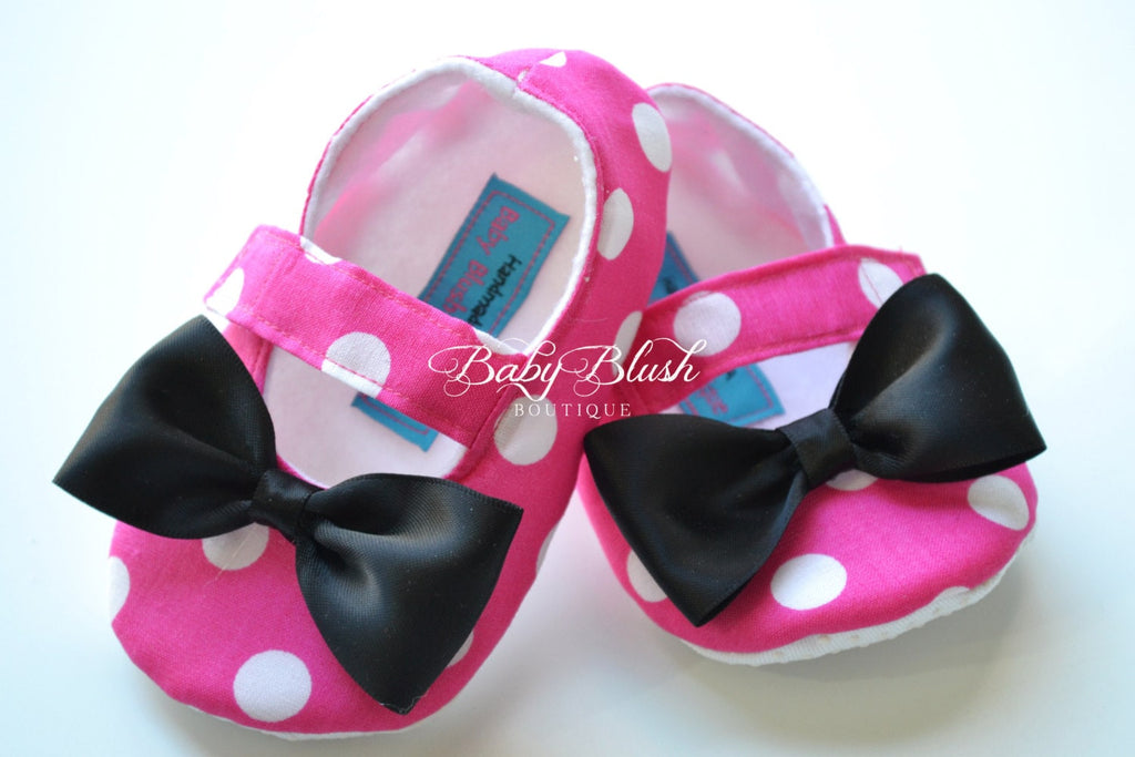 Minnie Inspired Pink Baby Shoes Infant Girl Ballerina Slippers Polka Dot Bow Baby Shoes First Birthday Outfit Baby Shower Gift