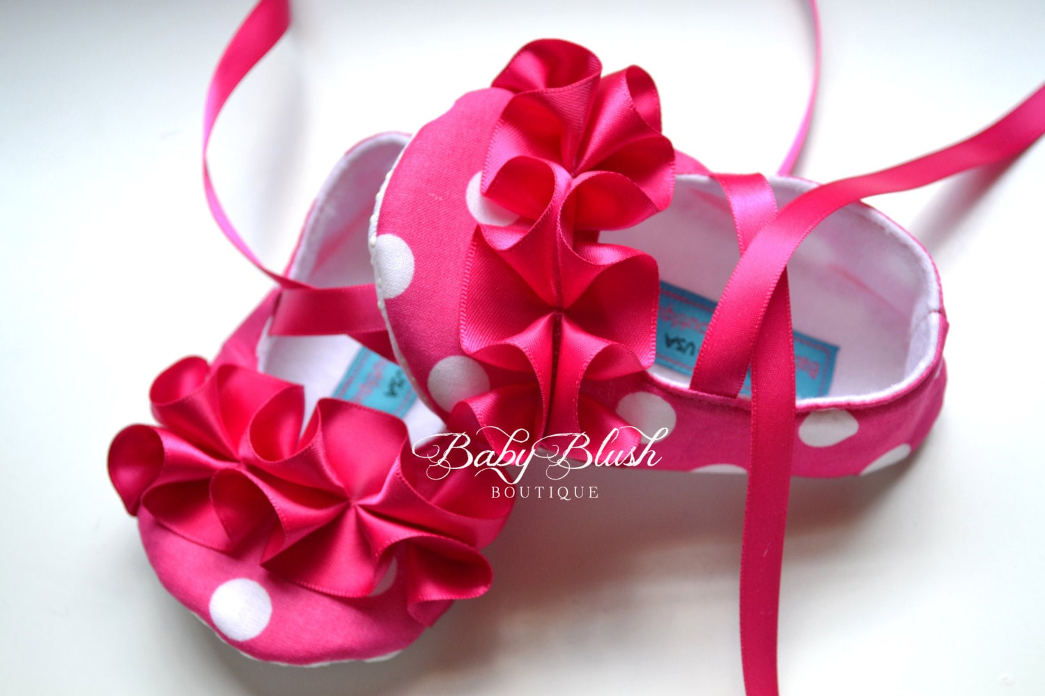 Hot Pink Polka Dot Baby Ballerina Slippers  Infant Girl First Birthday Shoes