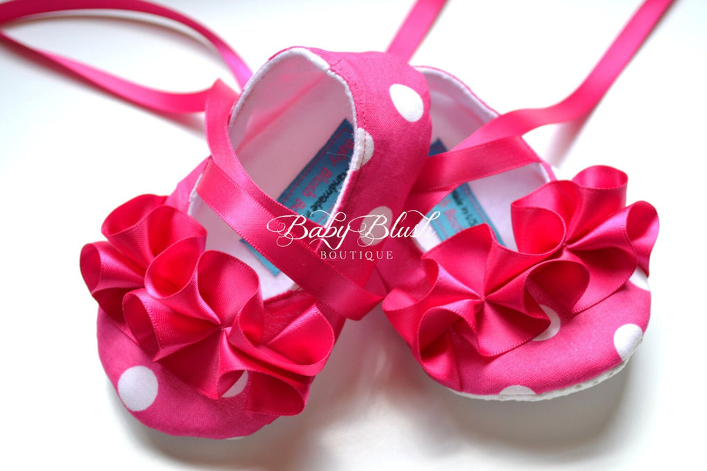 Hot Pink Polka Dot Baby Ballerina Slippers  Infant Girl First Birthday Shoes