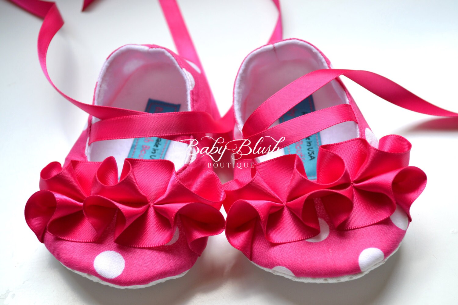 Hot Pink Polka Dot Baby Ballerina Slippers  Infant Girl First Birthday Shoes