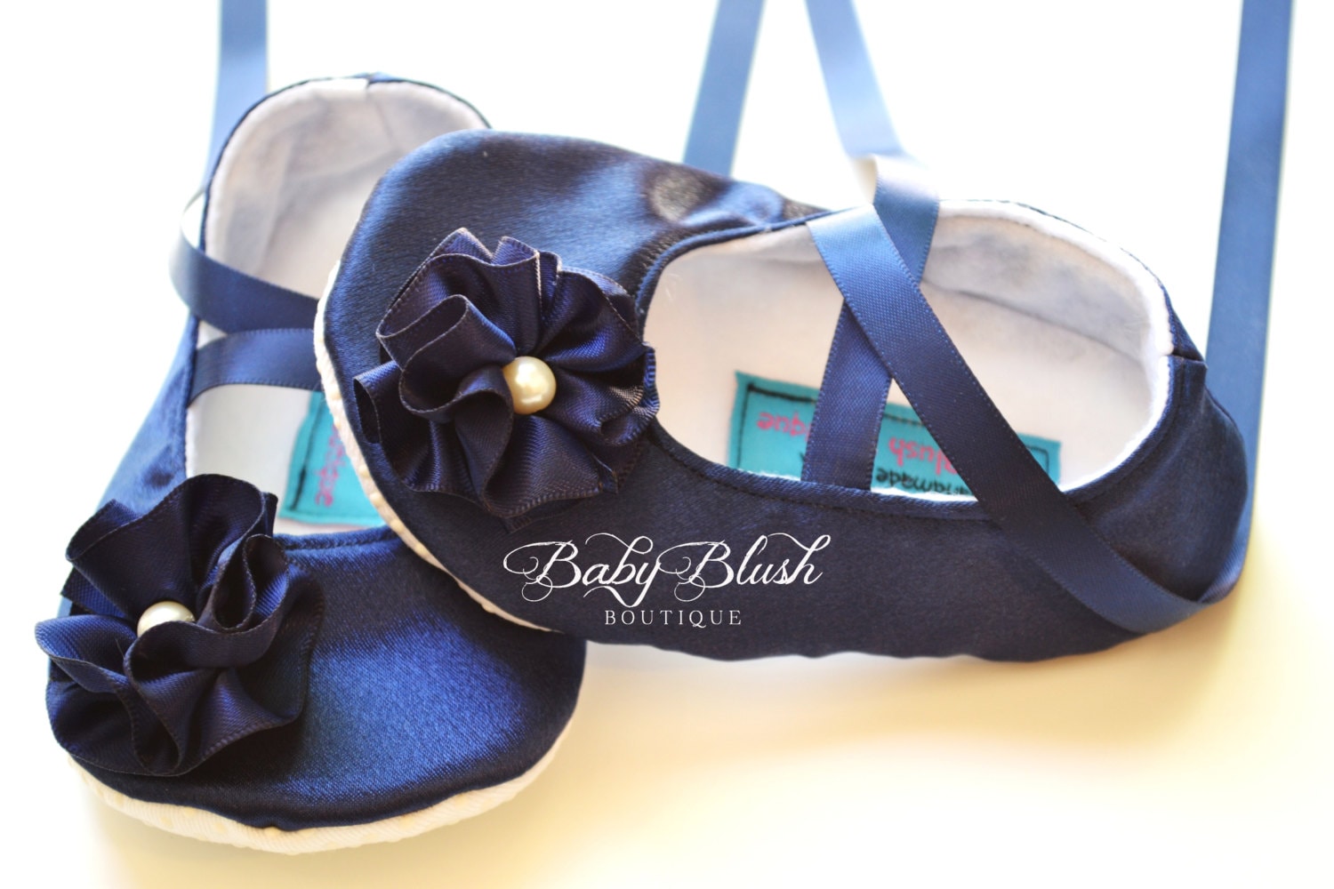 Navy Blue Satin Baby Ballerina Slippers  Elegant Infant Dress Shoes