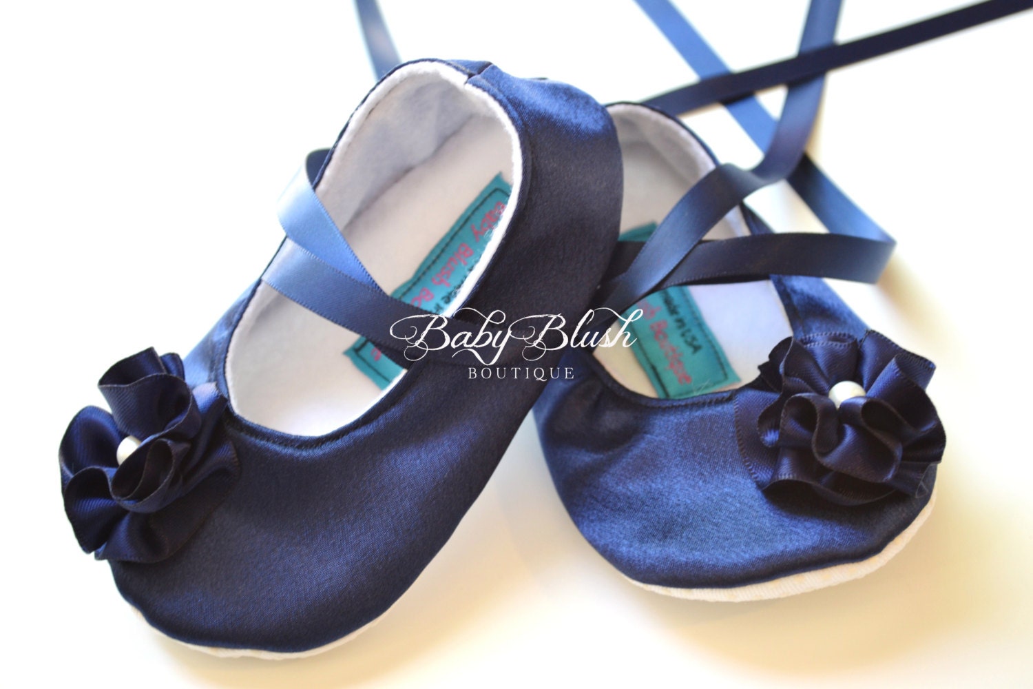 Navy Blue Satin Baby Ballerina Slippers  Elegant Infant Dress Shoes