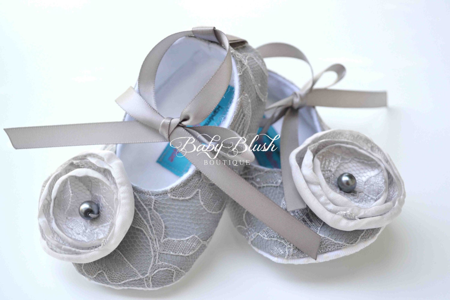 Grey Lace Baby Shoes: Vintage Infant Ballerina Slippers, Newborn Photo Outfit, Baby Shower Gift