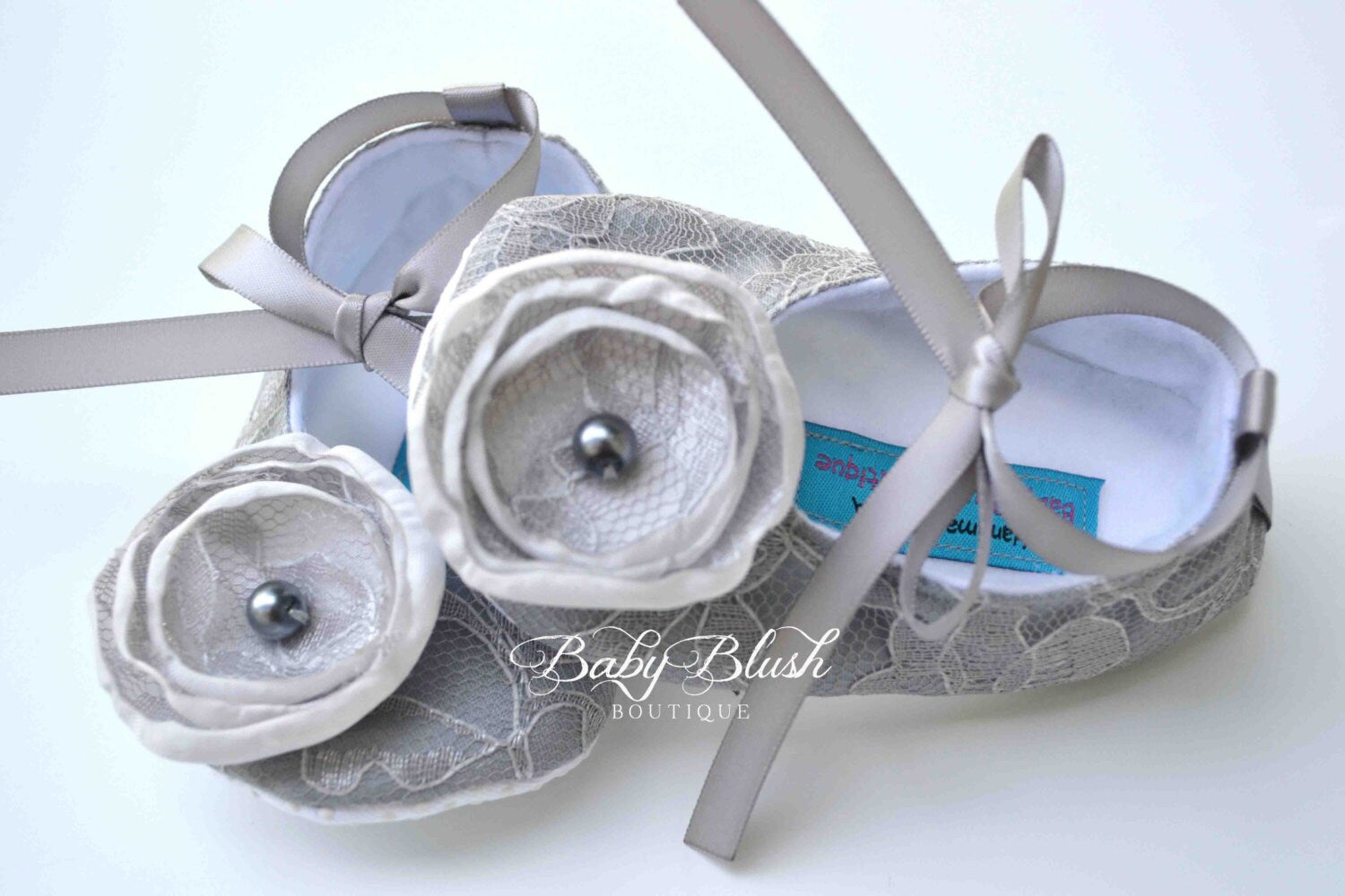 Grey Lace Baby Shoes: Vintage Infant Ballerina Slippers, Newborn Photo Outfit, Baby Shower Gift