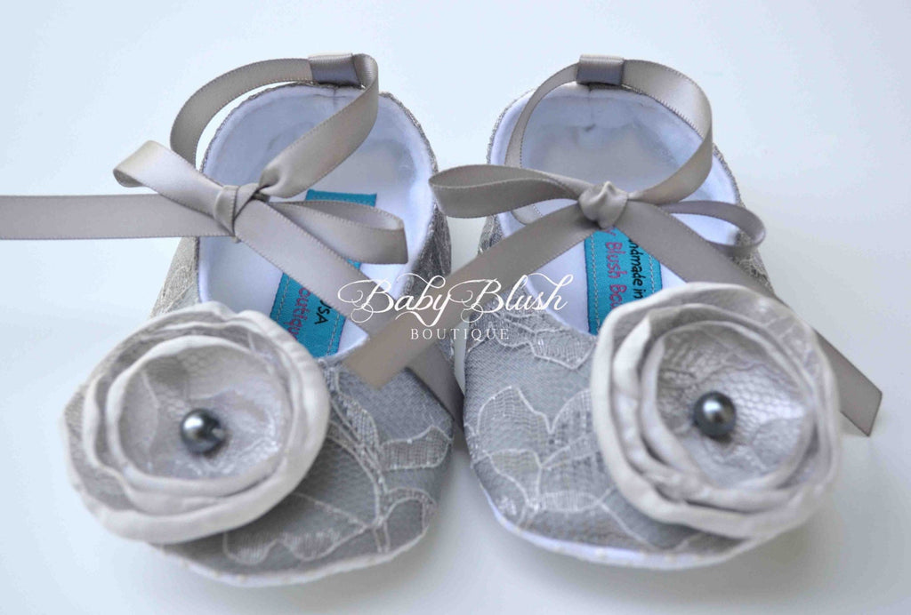 Grey Lace Baby Shoes: Vintage Infant Ballerina Slippers, Newborn Photo Outfit, Baby Shower Gift