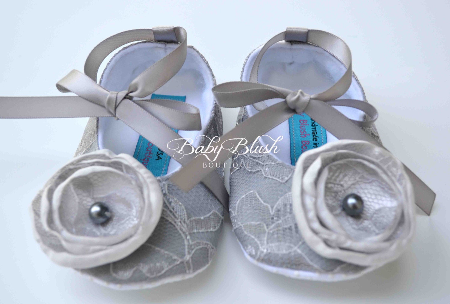 Grey Lace Baby Shoes: Vintage Infant Ballerina Slippers, Newborn Photo Outfit, Baby Shower Gift