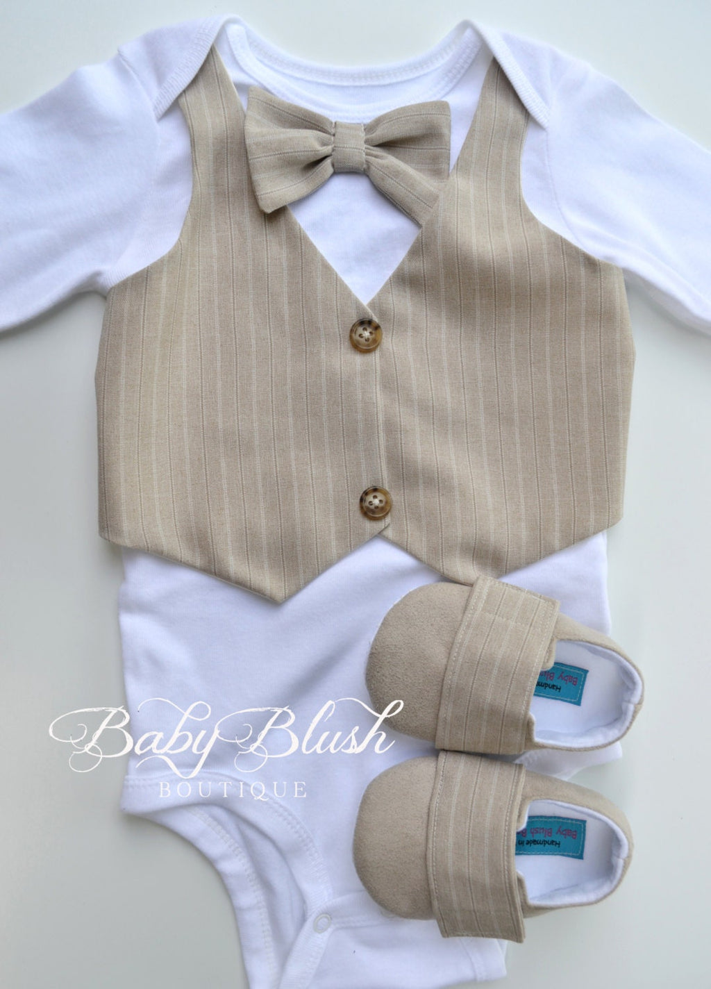 Beige Baby Vest Bow Tie Outfit: Neutral Infant Suit for Photos, Birthdays