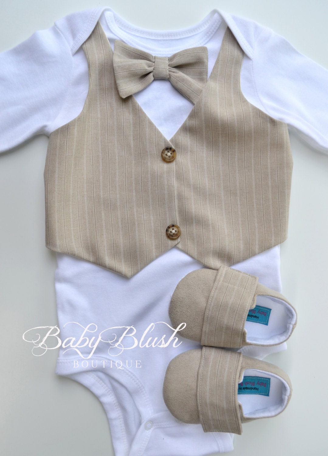 Beige Baby Vest Bow Tie Outfit: Neutral Infant Suit for Photos, Birthdays