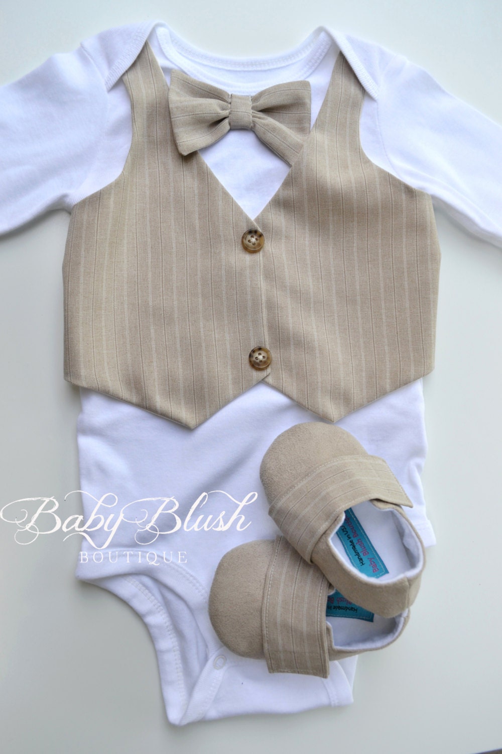 Beige Baby Vest Bow Tie Outfit: Neutral Infant Suit for Photos, Birthdays