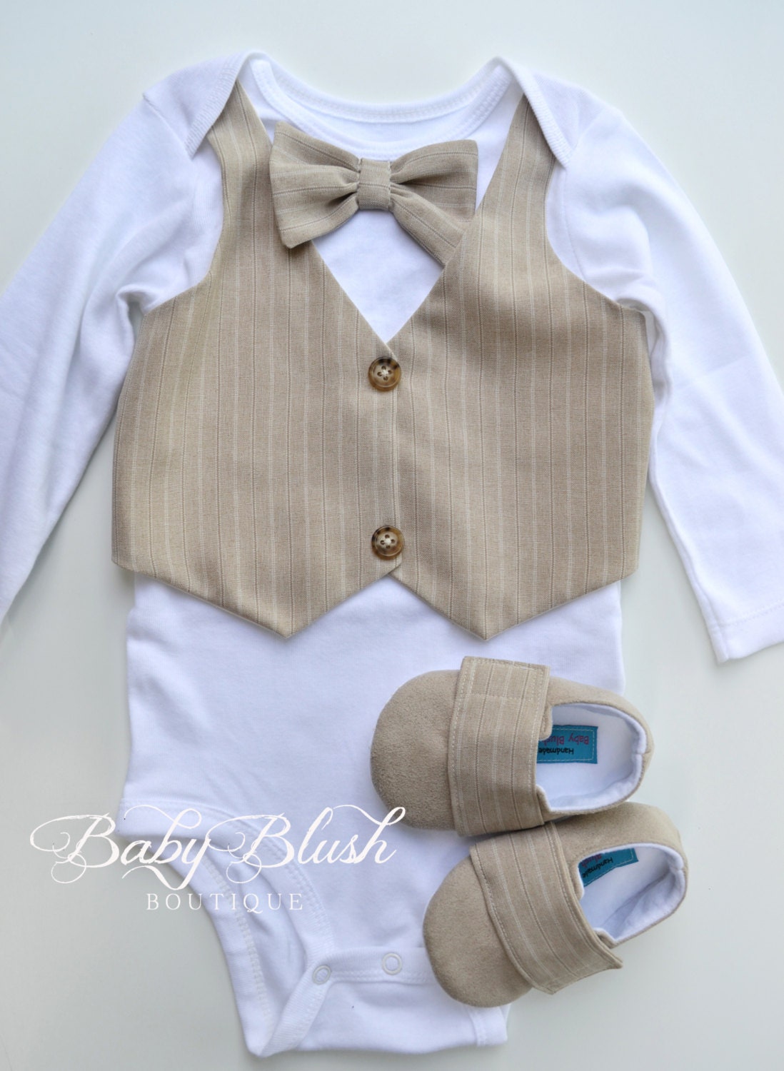 Beige Baby Vest Bow Tie Outfit: Neutral Infant Suit for Photos, Birthdays