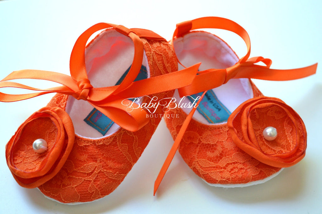 Orange Lace Baby Shoes: Infant Ballerina Slippers for Fall Outfits, Photo Shoots