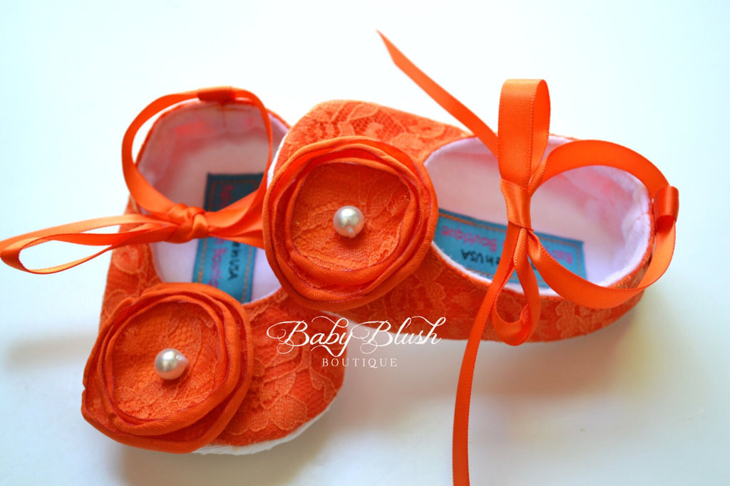 Orange Lace Baby Shoes: Infant Ballerina Slippers for Fall Outfits, Photo Shoots