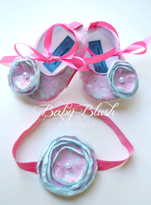 Aqua Baby Shoes Pink Lace Infant Ballerina Slippers Bright Baby Girl Dress Shoes Newborn Photo Outfit Baby Shower Gift Boutique Shoes