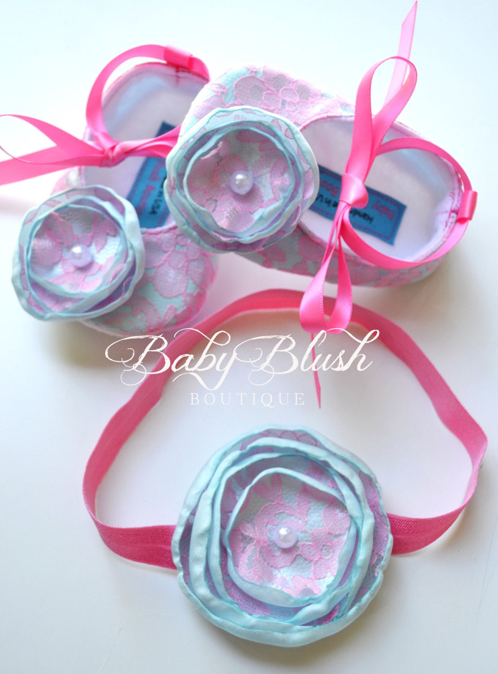 Aqua Baby Shoes Pink Lace Infant Ballerina Slippers Bright Baby Girl Dress Shoes Newborn Photo Outfit Baby Shower Gift Boutique Shoes
