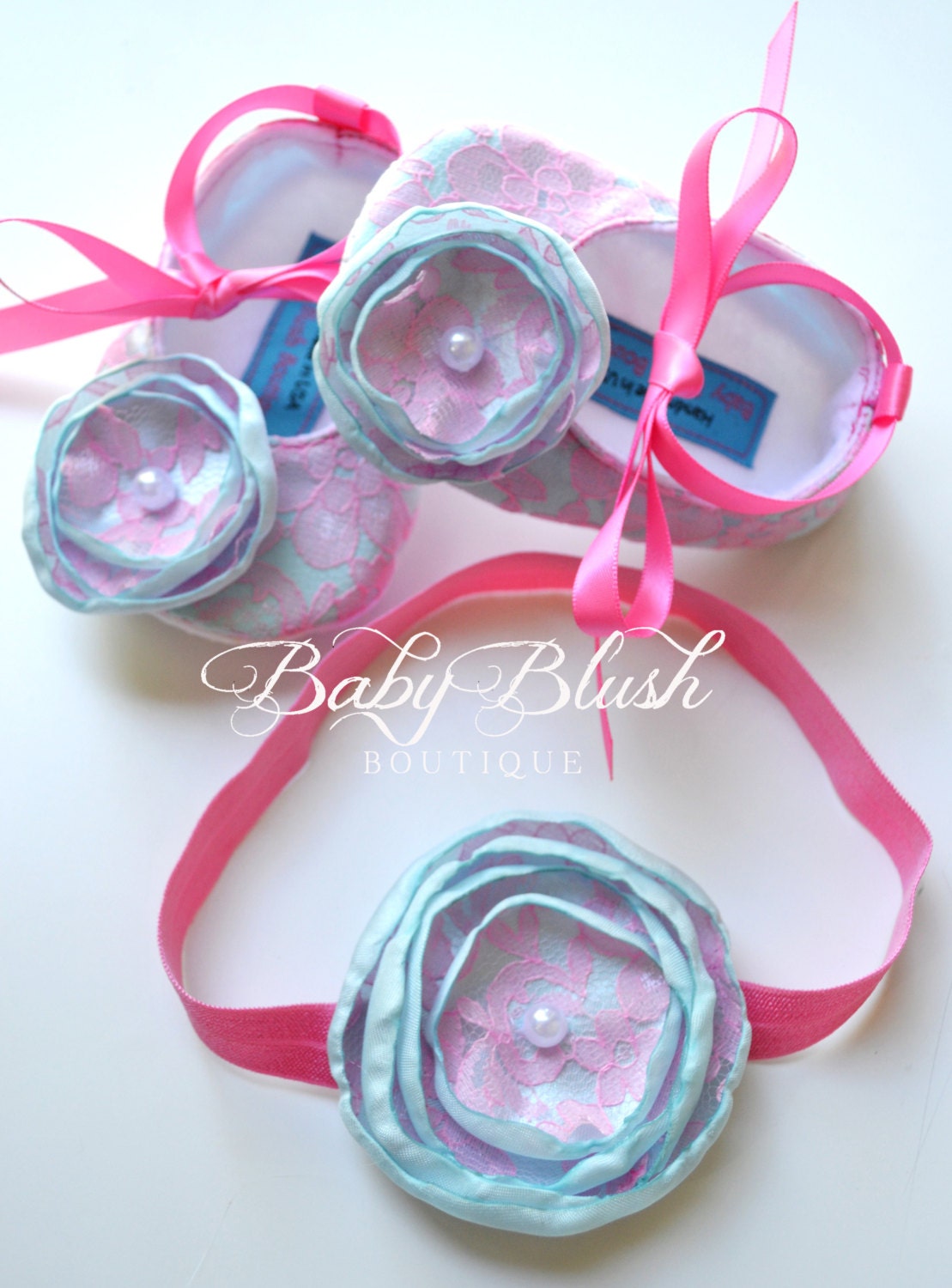 Aqua Baby Shoes Pink Lace Infant Ballerina Slippers Bright Baby Girl Dress Shoes Newborn Photo Outfit Baby Shower Gift Boutique Shoes