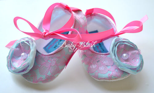 Aqua Baby Shoes Hot Pink Lace Infant Ballerina Slippers Bright Baby Girl Outfit Photo Shoes Baby Shower Gift Boutique Shoes