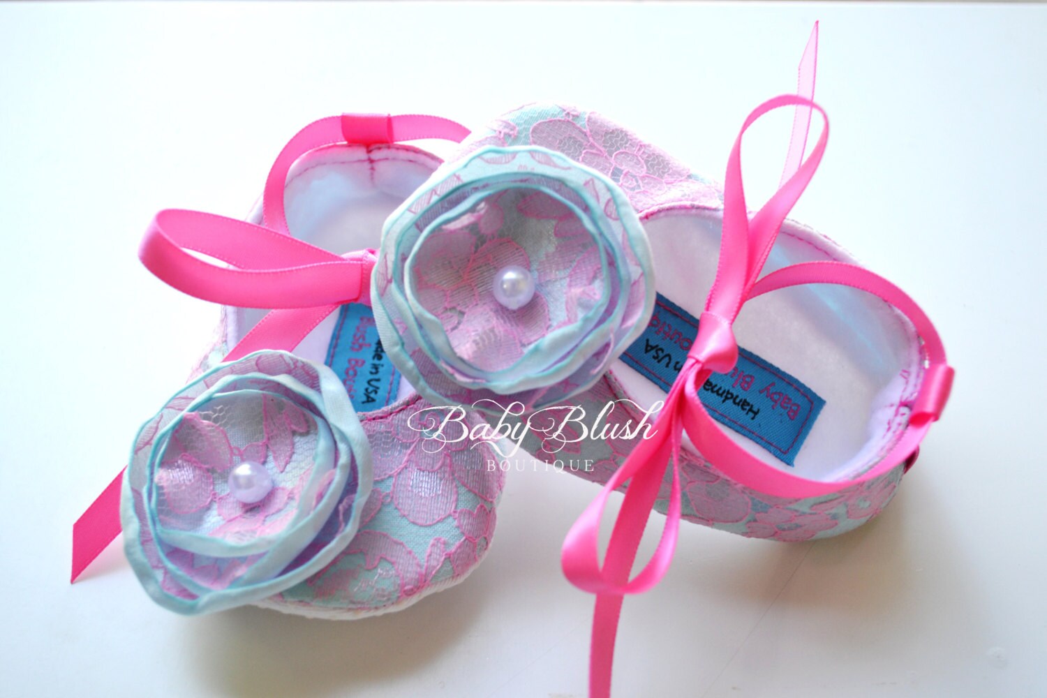 Aqua Baby Shoes Hot Pink Lace Infant Ballerina Slippers Bright Baby Girl Outfit Photo Shoes Baby Shower Gift Boutique Shoes