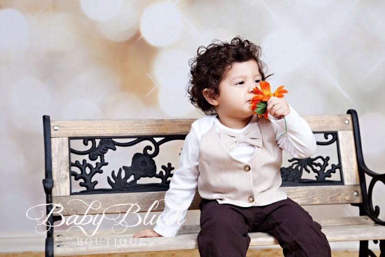 Beige Baby Vest Bow Tie Outfit: Neutral Infant Suit for Photos, Birthdays
