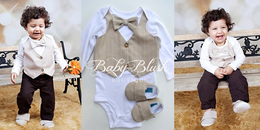 Beige Baby Vest Bow Tie Outfit: Neutral Infant Suit for Photos, Birthdays