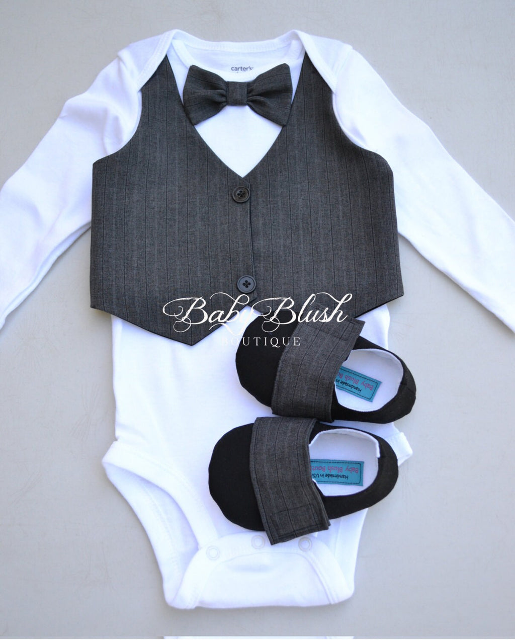 Dark Grey Baby Vest Bow Tie Outfit  Formal Infant Suit for Photos, Birthdays