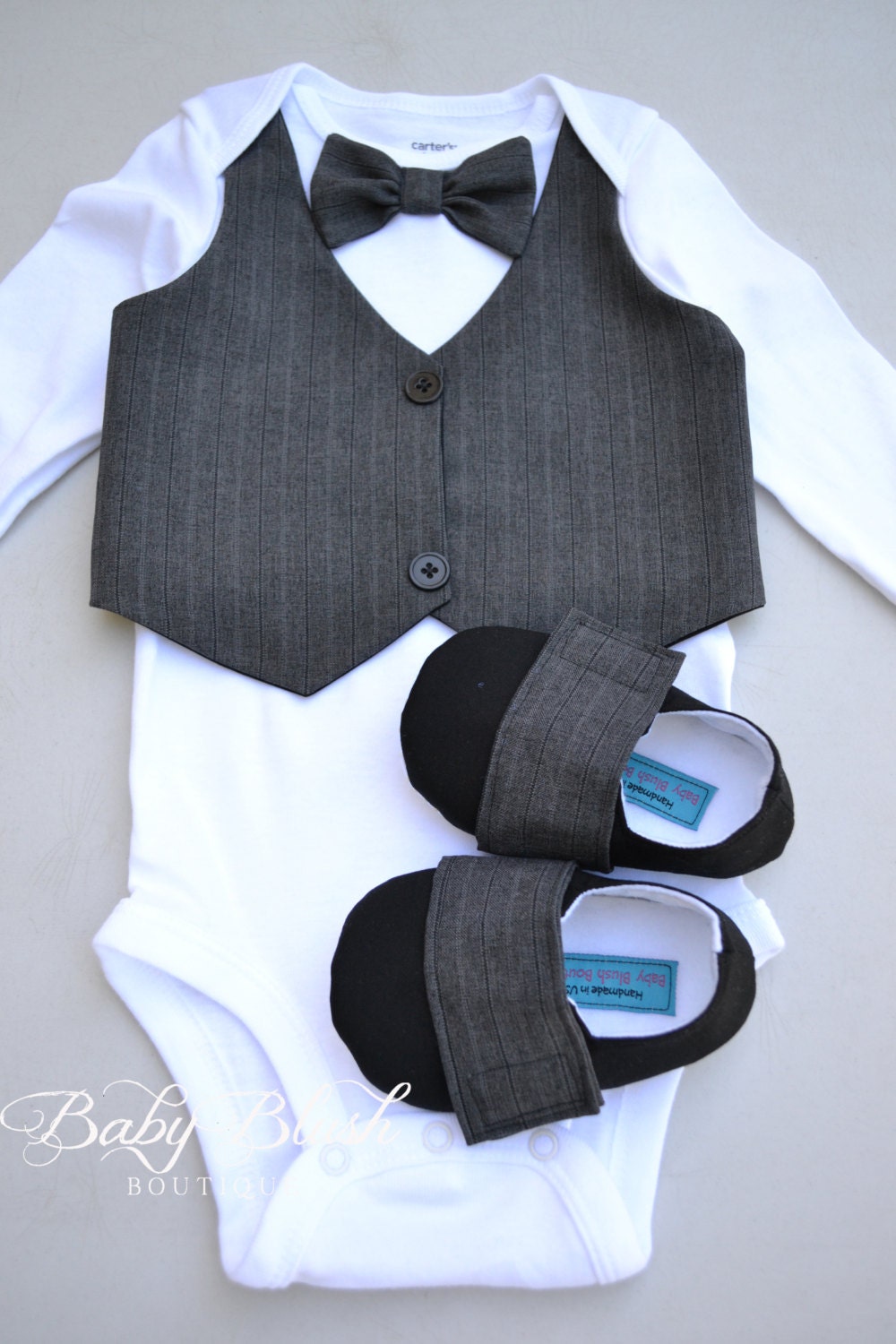 Dark Grey Baby Vest Bow Tie Outfit  Formal Infant Suit for Photos, Birthdays
