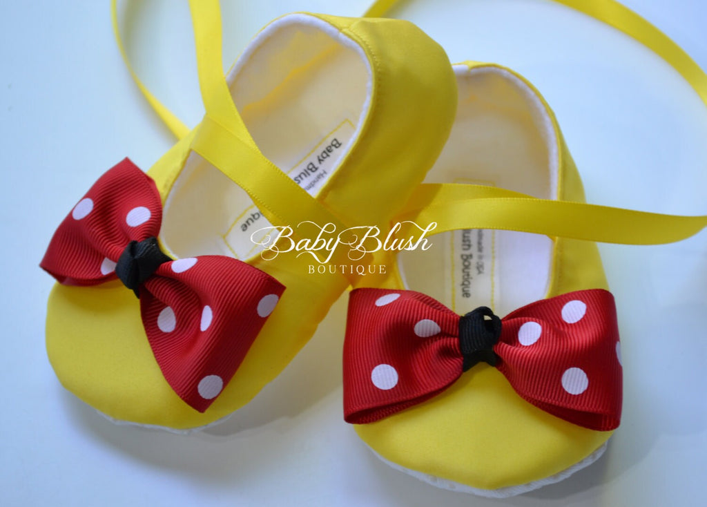 Minnie Inspired Yellow Baby Shoes Infant Girl Ballerina Slippers Polka Dot Bow Baby Outfit First Birthday Shoes Baby Shower Gift