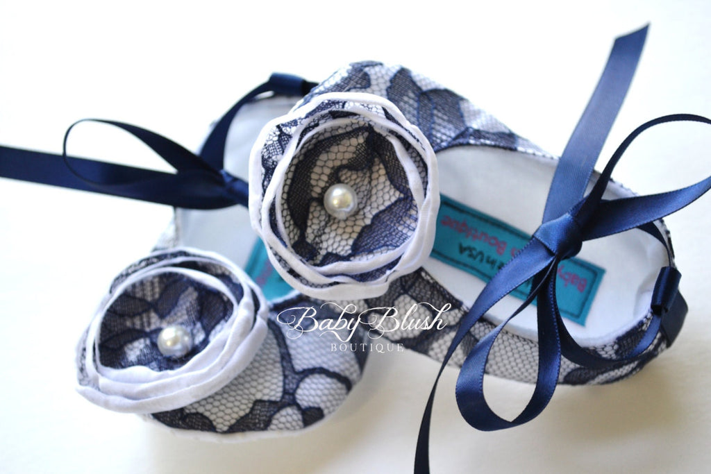Navy Lace Baby Ballerina Shoes: Vintage Infant Dress Slippers, Photo Outfit