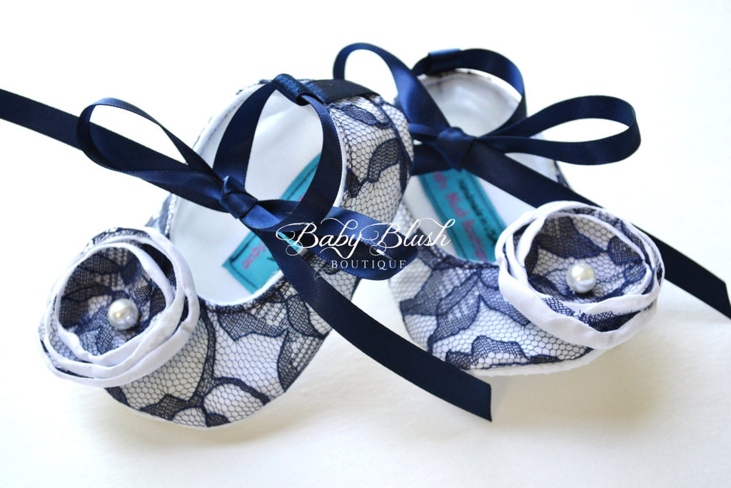 Navy Lace Baby Ballerina Shoes: Vintage Infant Dress Slippers, Photo Outfit