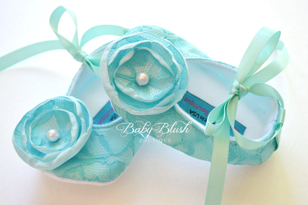 Aqua Lace Ballerina Baby Shoes: Soft Infant Slippers, Photo Outfit, Baby Shower Boutique Style