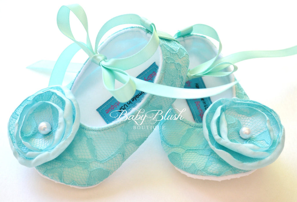Aqua Lace Ballerina Baby Shoes: Soft Infant Slippers, Photo Outfit, Baby Shower Boutique Style