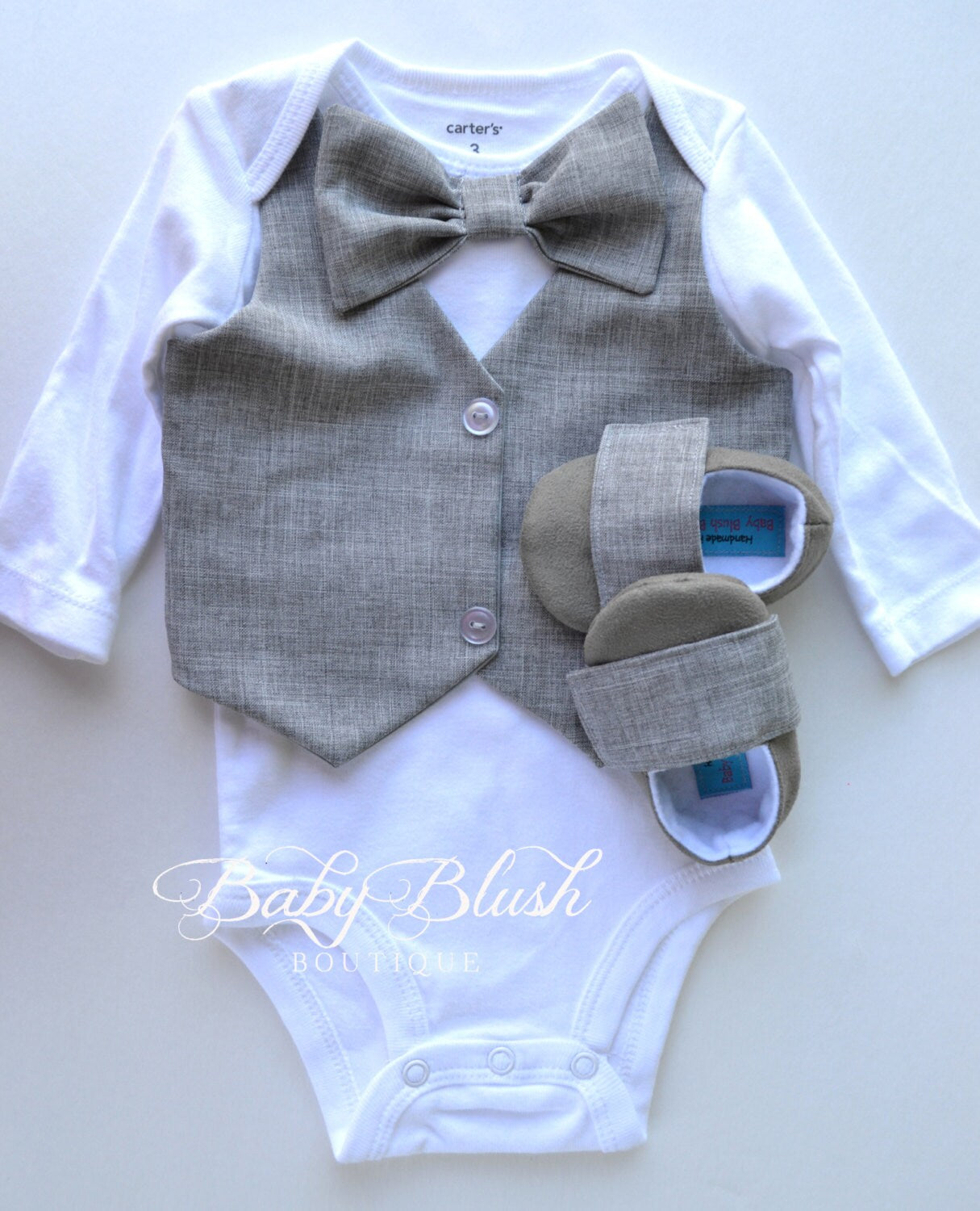 Grey Baby Boy Vest Bow Tie Outfit: Neutral Photo Shoot, Birthday, Shower Clothes