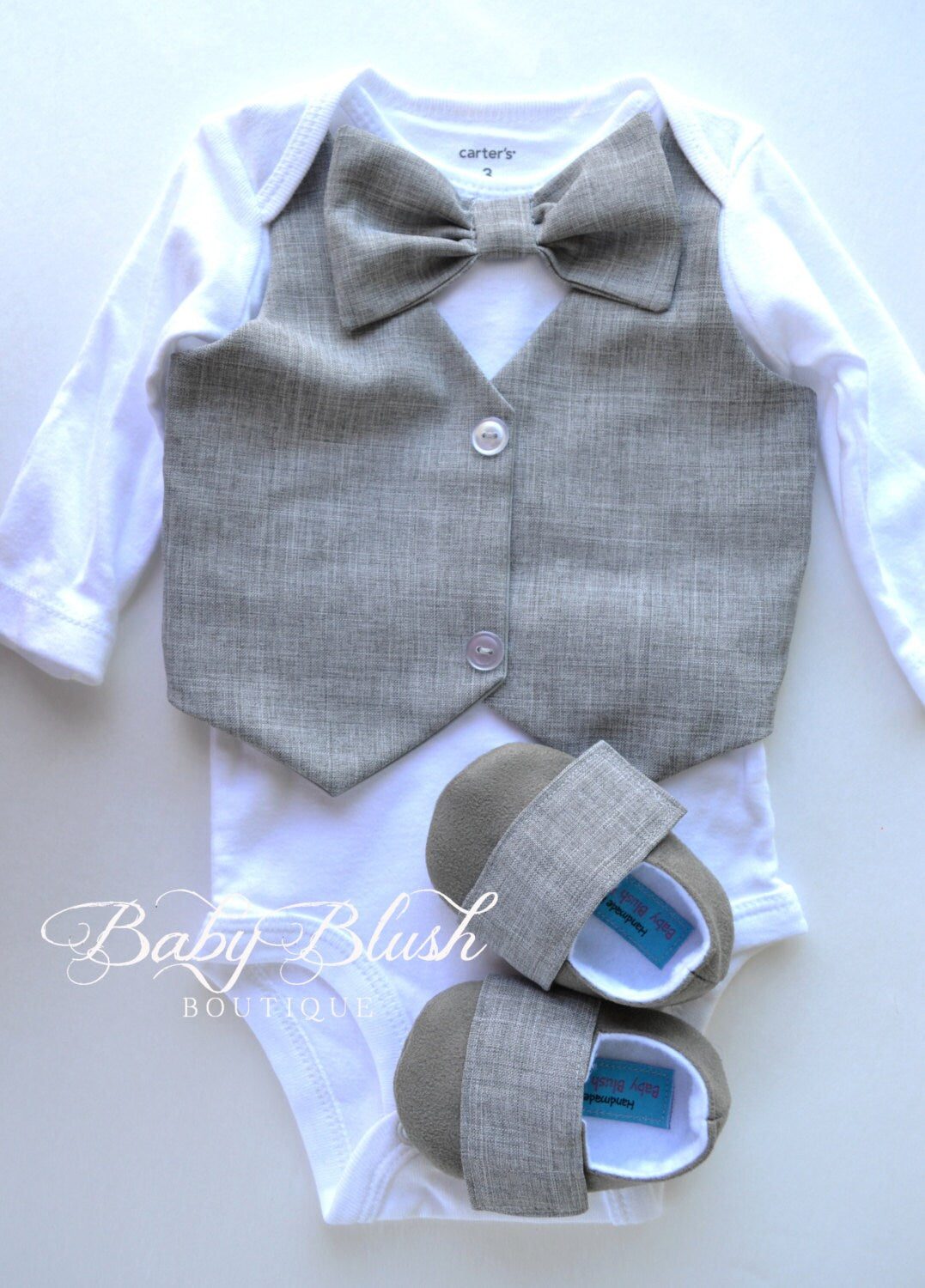 Grey Baby Boy Vest Bow Tie Outfit: Neutral Photo Shoot, Birthday, Shower Clothes